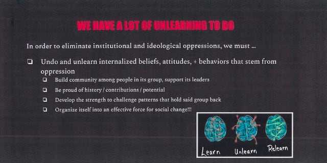 Democracy Prep class slide telling students they should unlearn and challenge beliefs that stem from oppression.