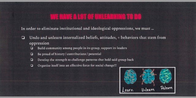 Democracy Prep class slide telling students they should unlearn and challenge beliefs that stem from oppression.