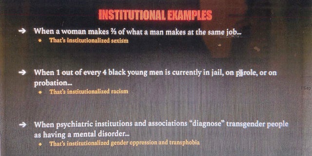 Democracy Prep class slide purporting to show examples of institutional oppression.