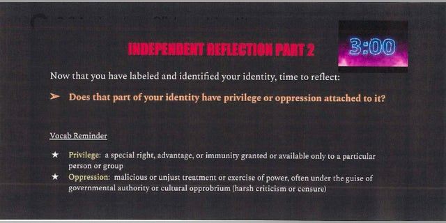 Democracy Prep class slide encouraging students to identify parts of their identity attached to privilege or oppression.