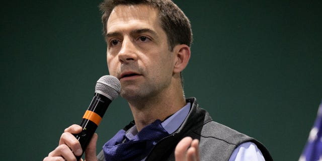 Sen. Tom Cotton (R-AR) speaks to the crowd during a "Defend the Majority" rally for U.S. Sen. Kelly Loeffler (R-GA) and Sen. David Purdue (R-GA) at the Georgia National Fairgrounds and Agriculture Center on November 19, 2020, in Perry, Georgia. Cotton during an interview on "Fox & Freinds" expressed concerns about President-elect Biden nominating Lloyd Austin for secretary of defense. (Photo by Jessica McGowan/Getty Images)