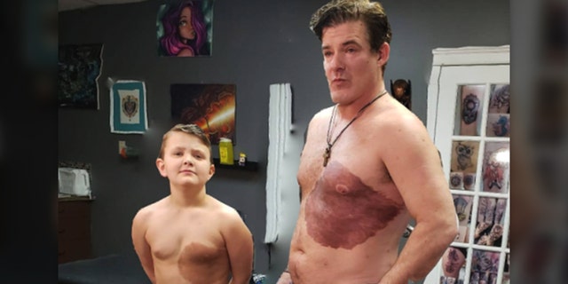 Derek Prue Sr. (right) got a tattoo that matches his son's (left) birthmark on his chest. 