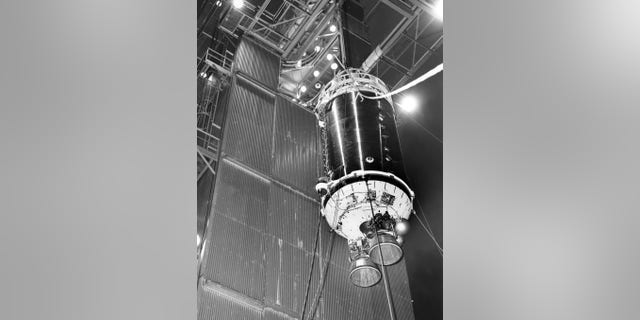 This 1964 photograph shows a Centaur top stage rocket before it was mated to an Atlas booster.  A similar Centaur was used during the launch of "Surveyor 2" two years later.  Credit: NASA