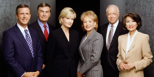 New York, NY - 1998: (L-R) Charles Gibson, Sam Donaldson, Diane Sawyer, Barbara Walters, Hugh Downs, Connie Chung promotional photo for the ABC TV series '20/20'. 