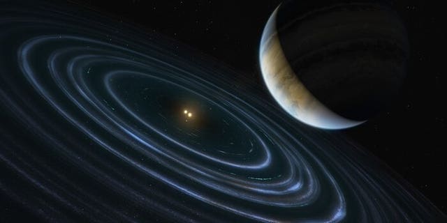 This 11-Jupiter mass exoplanet named HD106906 b occupies an unlikely orbit around a double star 336 light-years away and possibly offers clues to something that could be much closer to home: a supposed distant member of our solar system called 'Planet' Nine.  This is the first time that astronomers can measure the motion of a massive Jupiter-like planet orbiting very far from its host stars and visible junk disk.  (Credit: ESA / Hubble, M. Kornmesser)