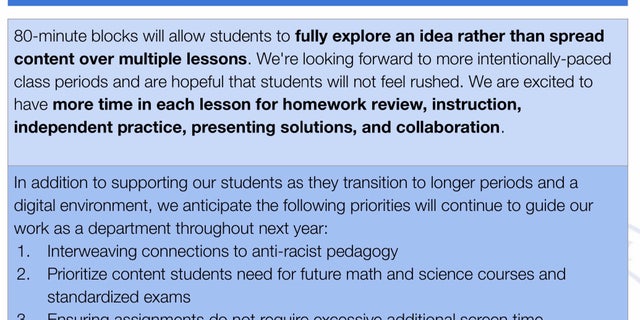 A description for the school’s mathematics program includes the agenda item: "Interweaving connections to anti-racist pedagogy."