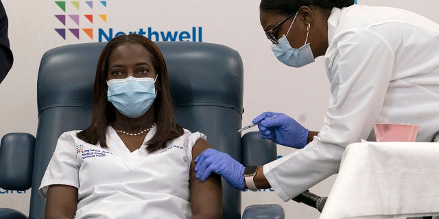 Sandra Lindsay, left, a nurse at Long Island Jewish Medical Center, is inoculated with the Pfizer-BioNTech COVID-19 vaccine by Dr. Michelle Chester, Monday, Dec. 14, 2020, in the Queens borough of New York. (AP Photo/Mark Lennihan, Pool)
