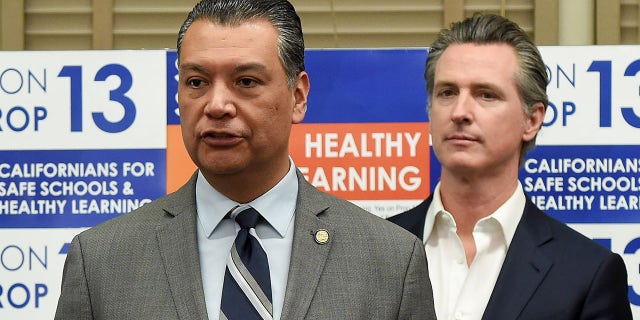California Secretary of State Alex Padilla with Newsom in Long Beach, February 28, 2020. (Photo by Brittany Murray/MediaNews Group/Long Beach Press-Telegram via Getty Images)