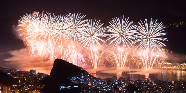 Rio de Janeiro, Brazil - December 31, 2015: Worlds famous New Year firework show at Copacabana Beach.