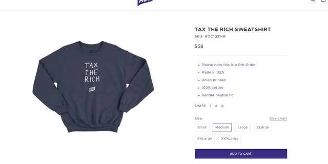 Rep. Alexandria Ocasio-Cortez, D-N.Y., is dealing with some online backlash over the $58 price tag on a "Tax the Rich" sweatshirt in her campaign shop. Screenshot
