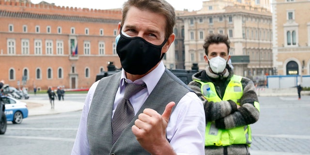 Actor Tom Cruise during a pause on the set of the film "Mission: Impossible 7" in Rome Nov. 29, 2020.