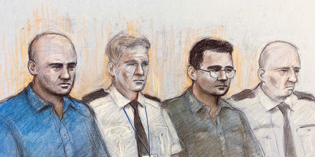 This court artist sketch dated Oct. 6 shows Gheorghe Nica, left, and Eamonn Harrison, right, at the Old Bailey in London. (AP/Elizabeth Cook)