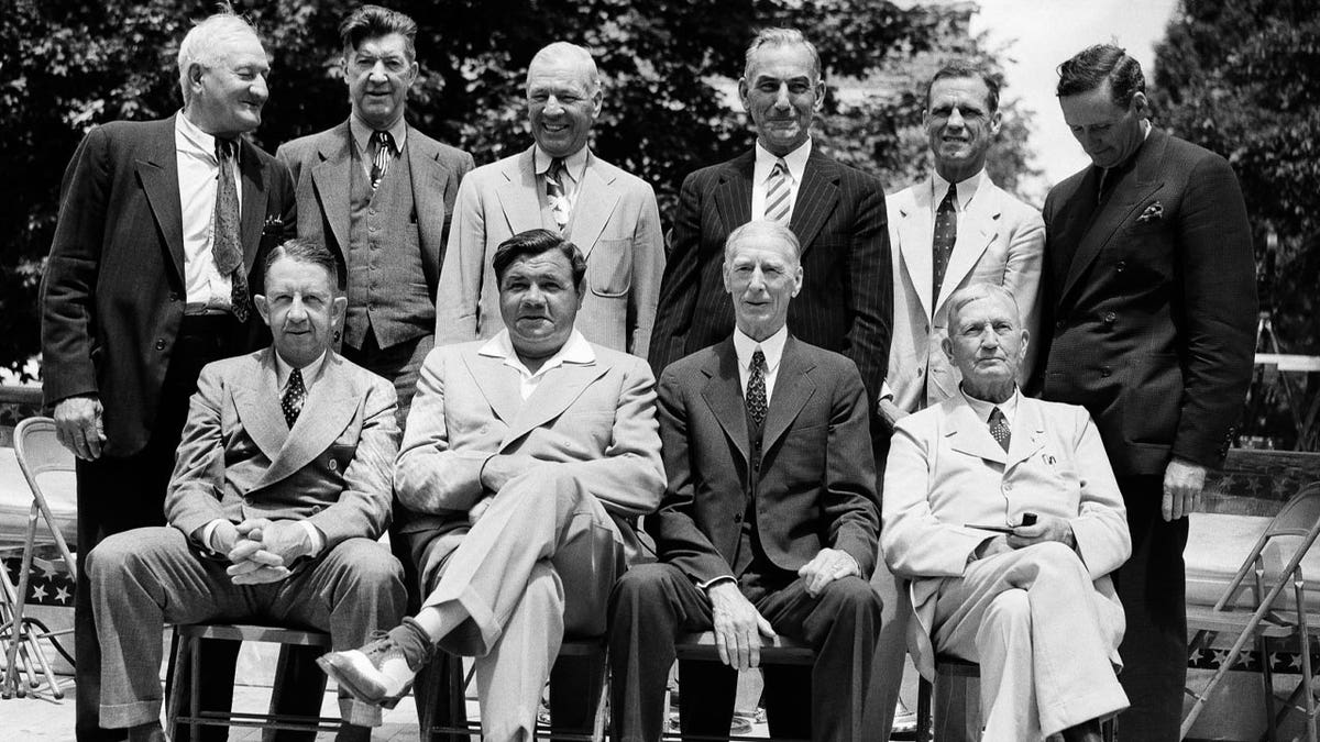 File - In this June 12, 1939 file photo, these baseball stars were pictured as they attended the dedication and their induction into the Baseball Hall of Fame in Cooperstown, N.Y. Front row; Eddie Collins, Babe Ruth, Connie Mack, Cy Young; Rear row left to right; Hans Wagner, Grover Cleveland Alexander, Tris Speaker, Napoleon Lajoie, George Sisler and Walter Johnson. (AP Photo/File)