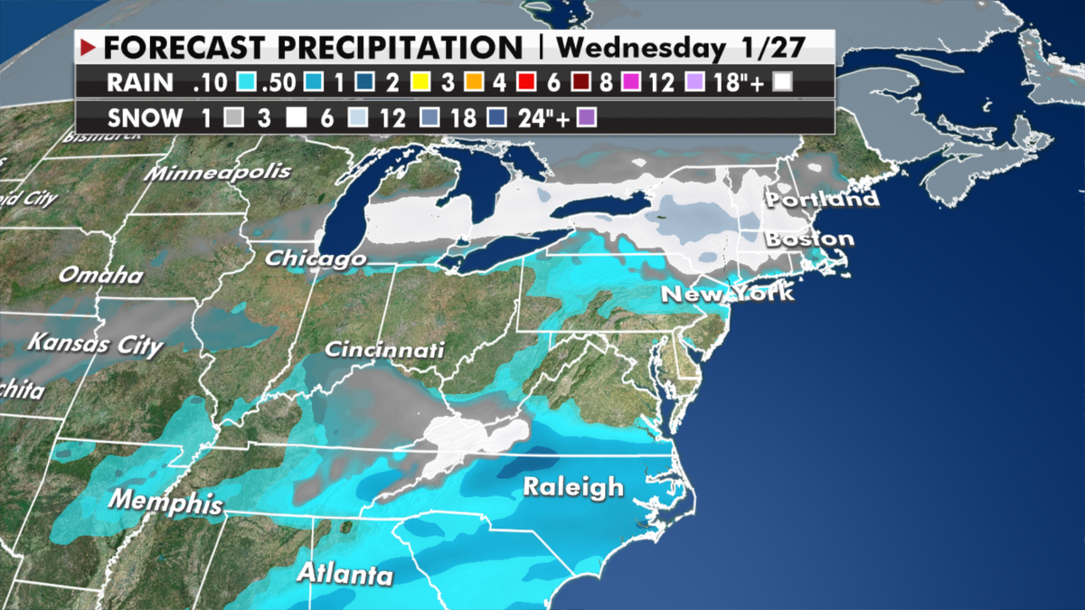 Projected rain and snowfall totals. (Fox News)