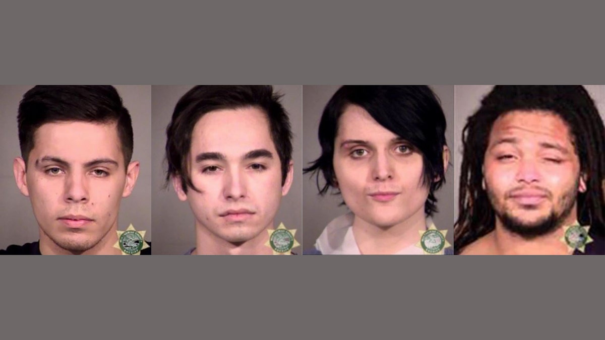 Multnomah County District Attorney Mike Schmidt announced charges against four people arrested during the Portland, Ore., protests against President Joe Biden's inauguration on Wednesday.<br>
From left: Kai-Ave Douvia, Austin Nuchraska, Nicole Rose, Trevor Colter. (Multnomah County Sheriff's Office)
