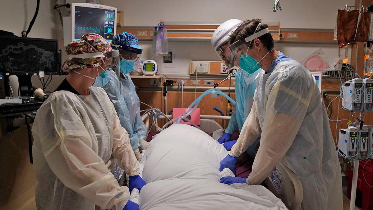 In this Dec. 22, 2020, file photo, medical workers prepare to manually prone a COVID-19 patient in an intensive care unit at Providence Holy Cross Medical Center in the Mission Hills section of Los Angeles. 