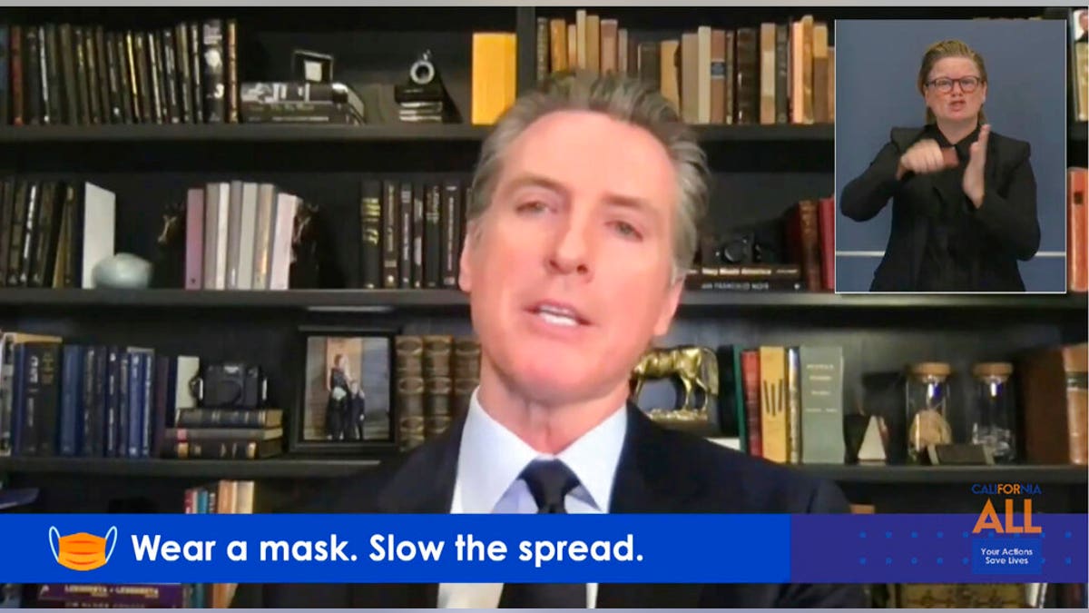 FILE: Governor shows California Gov. Gavin Newsom during a virtual briefing from his home in Sacramento, Calif.
