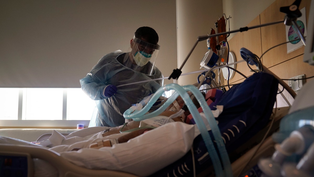 A doctor tends to a COVID-19 patient at Providence Holy Cross Medical Center in the Mission Hills section of Los Angeles on Dec. 22, 2020. (AP Photo/Jae C. Hong, File)