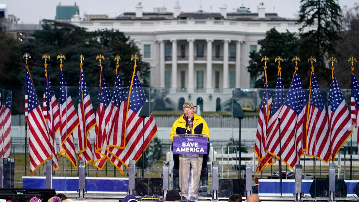 With the White House in the background, Rep. Mo Brooks, R-Ala., speaks Wednesday, Jan. 6, 2021, in Washington, at a rally in support of President Donald Trump called the "Save America Rally." (AP Photo/Jacquelyn Martin)