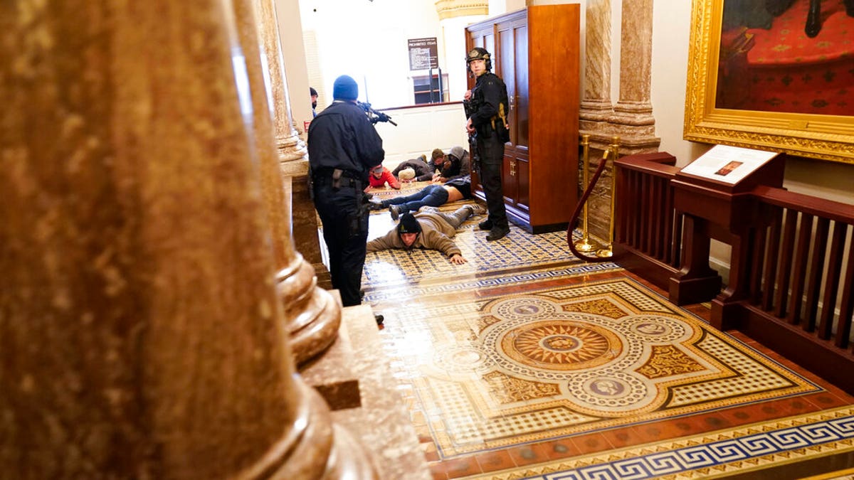 U.S. Capitol Police hold protesters at gun-point near the House Chamber inside the U.S. Capitol on Wednesday, Jan. 6, 2021, in Washington. (AP Photo/Andrew Harnik)