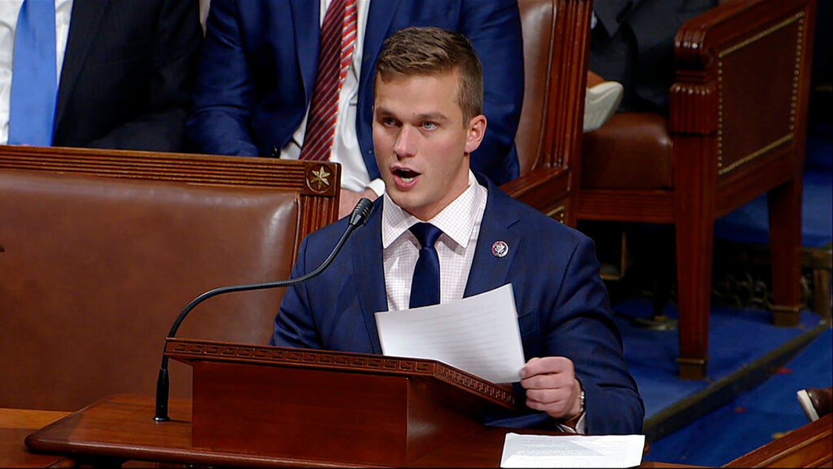 In this image from video, Rep. Madison Cawthorn, R-N.C., speaks as the House debates the objection to confirm the Electoral College vote from Pennsylvania, at the U.S. Capitol early Thursday, Jan. 7, 2021. Cawthorn has urged the Biden Administration to take every step needed to minimize and resolve the Colonial pipeline shutdown crisis. (House Television via AP)