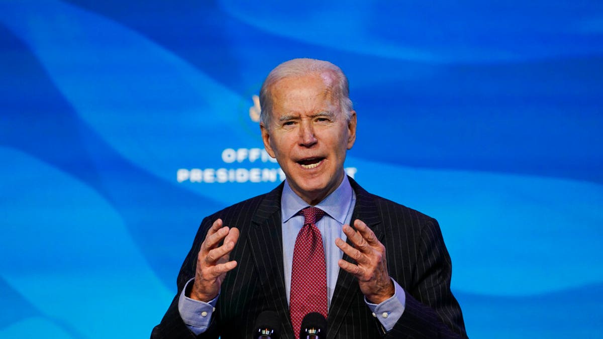 President-elect Joe Biden speaks during an event at The Queen theater in Wilmington, Del., Friday, Jan. 8, 2021, to announce key administration posts. (AP Photo/Susan Walsh)