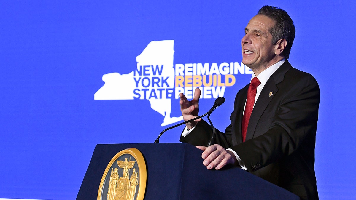 New York Gov. Andrew Cuomo delivers his State of the State address virtually from The War Room at the state Capitol, Monday, Jan. 11, 2021, in Albany, N.Y. (AP Photo/Hans Pennink, Pool)