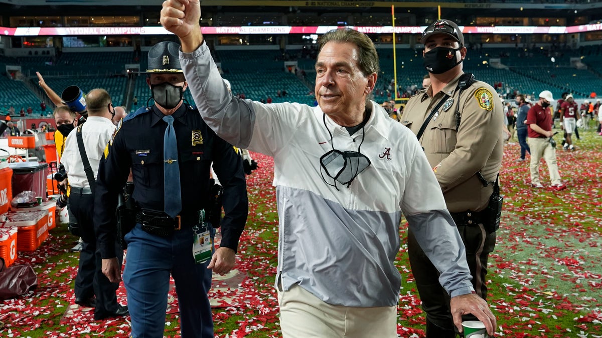Alabama head coach Nick Saban leaves the field after their win against Ohio State in an NCAA College Football Playoff national championship game, Tuesday, Jan. 12, 2021, in Miami Gardens, Fla. Alabama won 52-24.