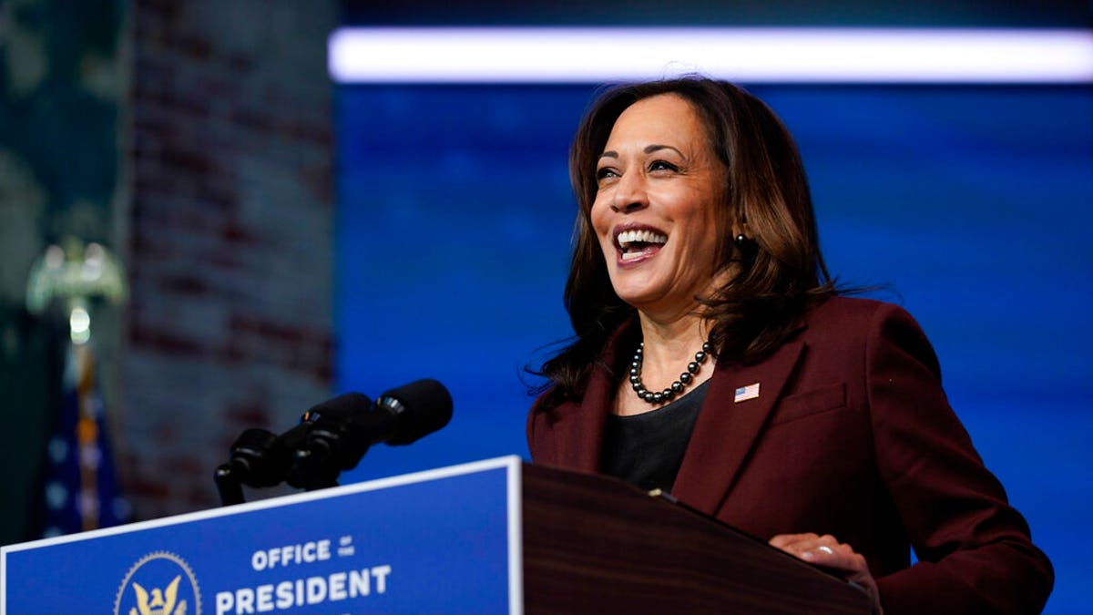 FILE: Vice President-elect Kamala Harris speaks as she and President-elect Joe Biden introduce their nominees and appointees to key national security and foreign policy posts at The Queen theater, in Wilmington, Del. 