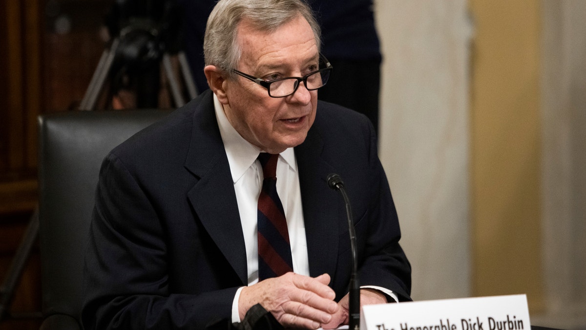 Sen. Dick Durbin, D-Ill., introduces Secretary of State nominee Antony Blinken during his confirmation hearing to be Secretary of State before the Senate Foreign Relations Committee on Capitol Hill in Washington, Tuesday, Jan. 19, 2021. (Graeme Jennings/Pool via AP)