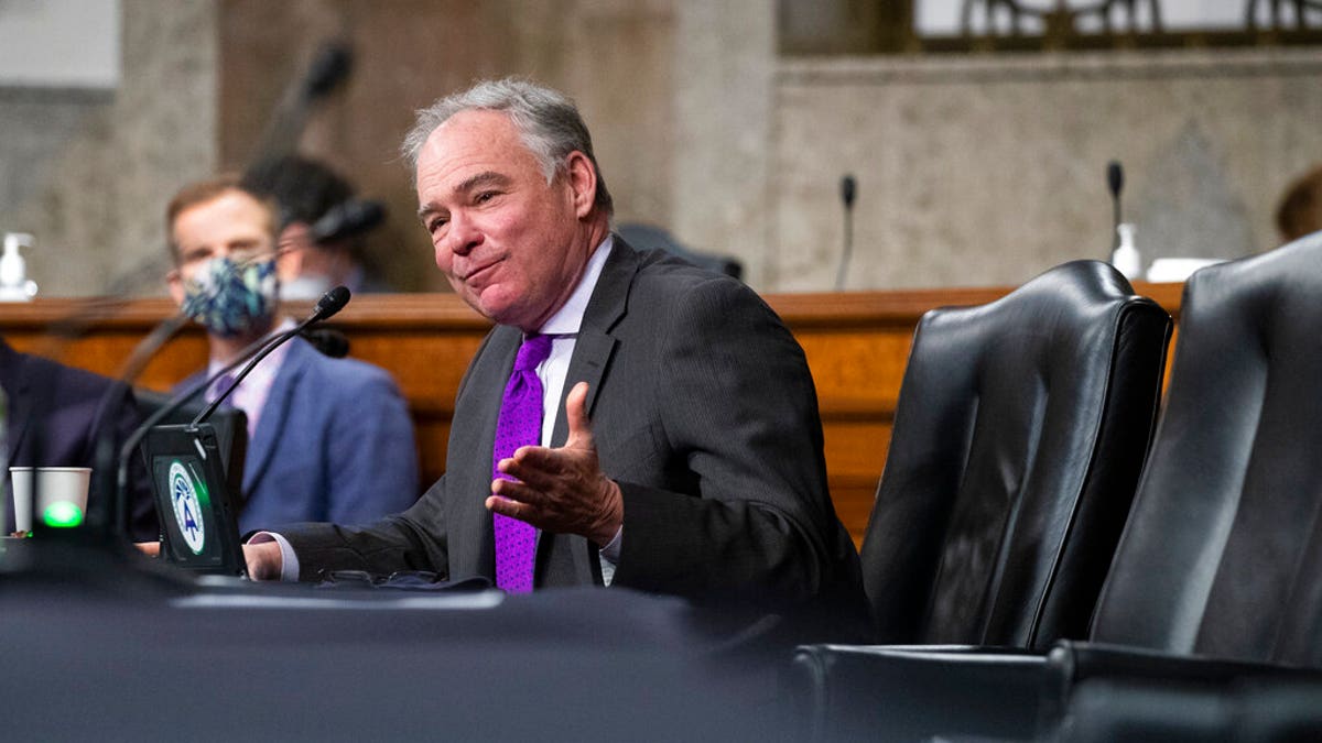 Sen. Tim Kaine, D-Va., questions United States Ambassador to the United Nations nominee Linda Thomas-Greenfield during for her confirmation hearing before the Senate Foreign Relations Committee on Capitol Hill, Wednesday, Jan. 27, 2021, in Washington. (Michael Reynolds/Pool via AP)