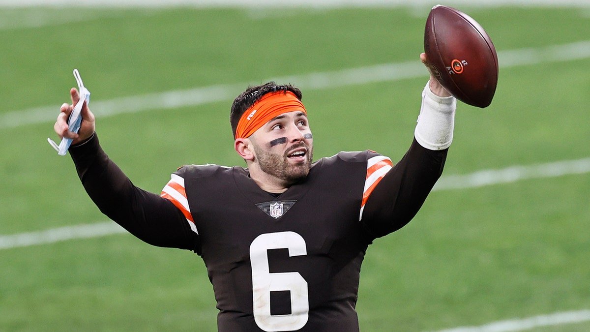 Quarterback Baker Mayfield celebrates after the Browns defeated the Pittsburgh Steelers Jan. 3, 2021, in Cleveland. (AP Photo/Ron Schwane)