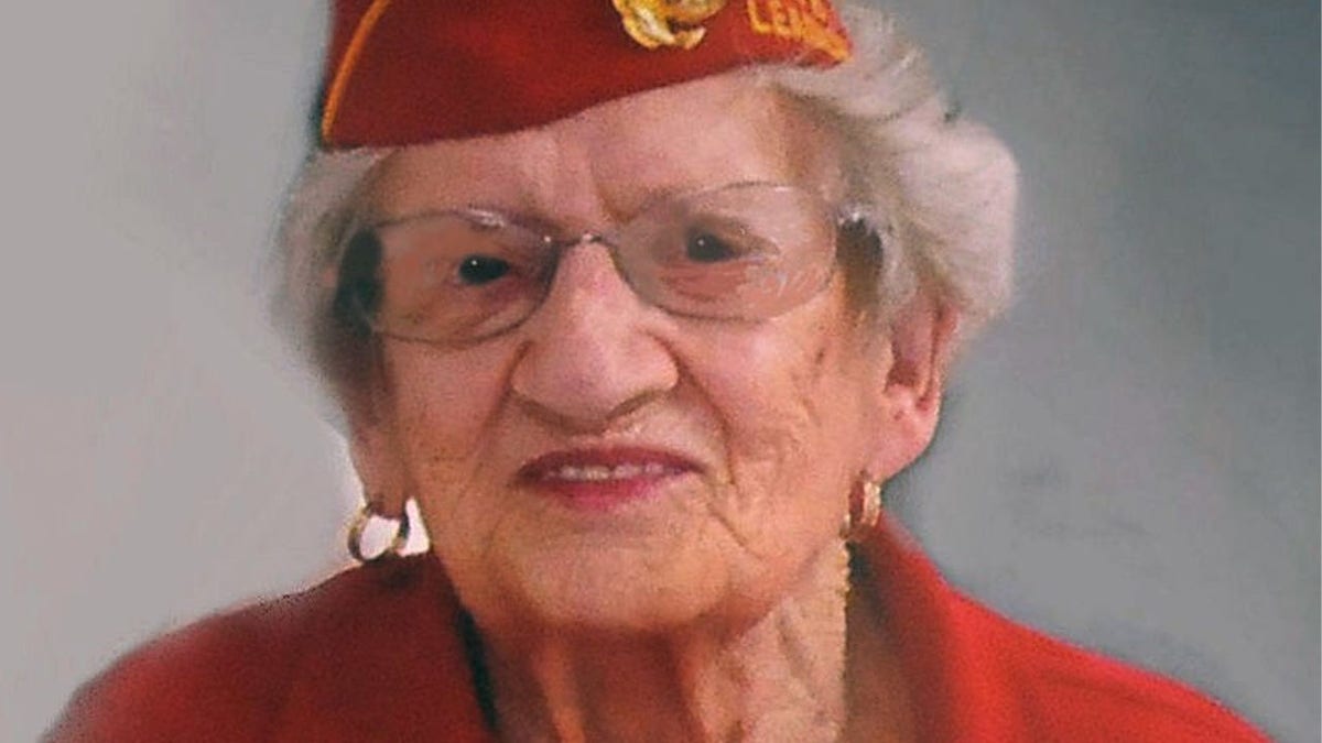 This photo provided by Beth Kluttz shows Dorothy Schmidt Cole. Dorothy Schmidt Cole, recognized last year as the oldest living U.S. Marine, has died at age 107. The Marine Times says Dorothy Schmidt Cole died of a heart attack at her daughter's home in Kannapolis on Jan. 7, 2021. (Courtesy of Beth Kluttz via AP)