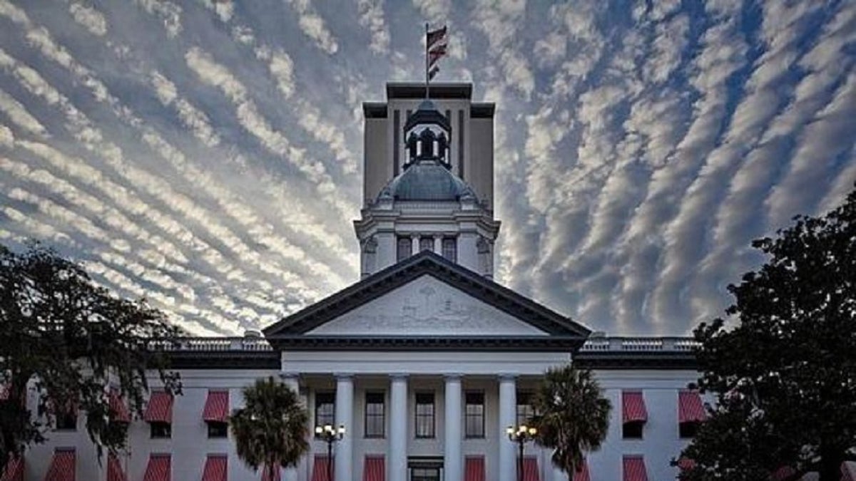 The Florida state Capitol in Tallahassee with a sunset.
