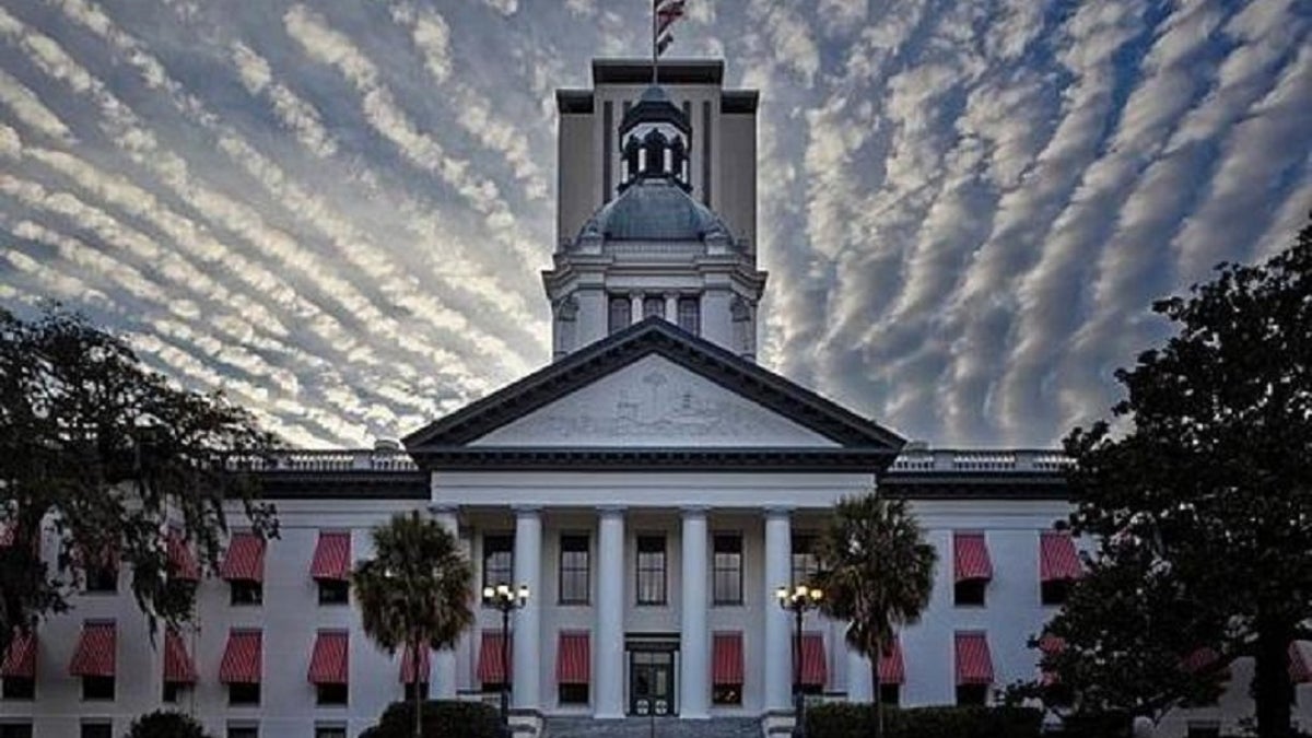 The Florida state Capitol in Tallahassee with a sunset.