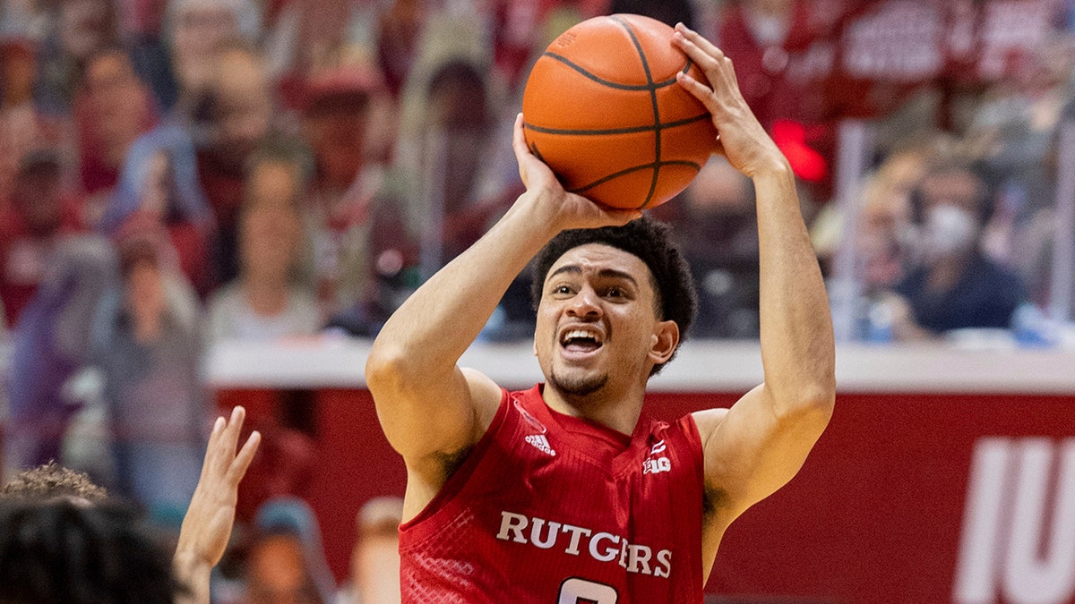 Rutgers guard Geo Baker (0) takes a shot during an NCAA college basketball game against Indiana, Sunday, Jan. 24, 2021, in Bloomington, Ind. (AP Photo/Doug McSchooler)