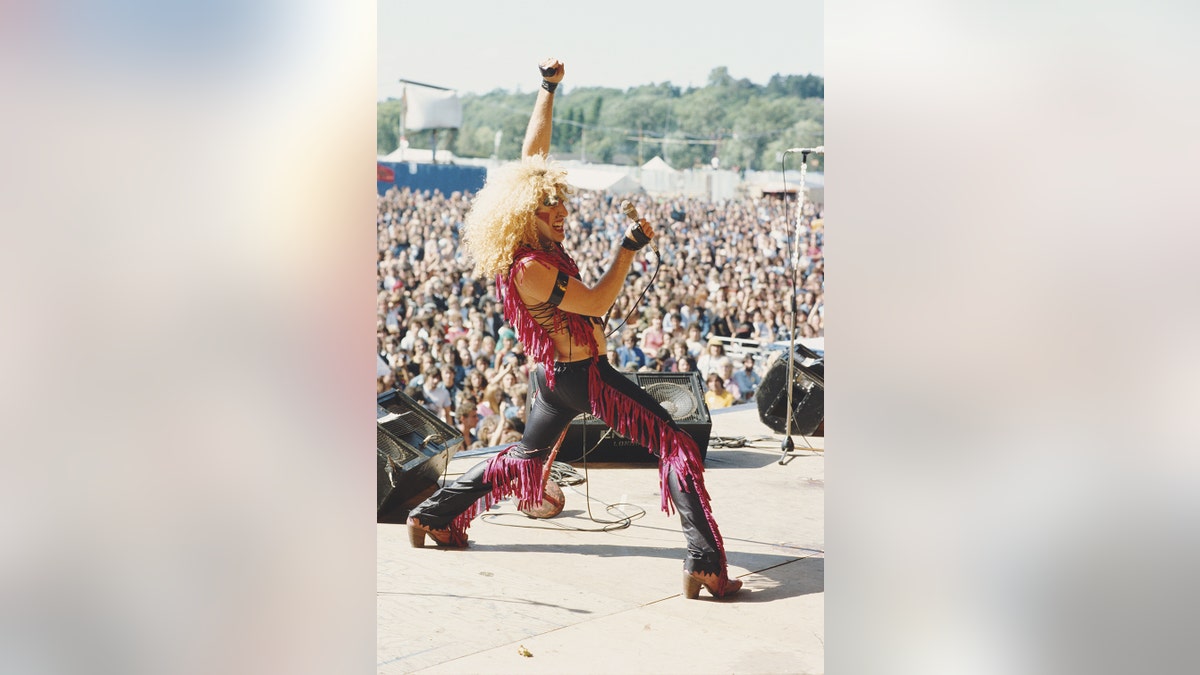American singer Dee Snider performs live on stage with glam metal group Twisted Sister at the Reading Festival in Reading, England, in 1982.