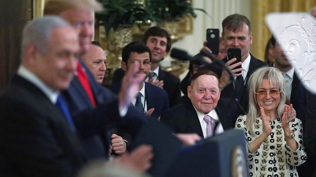 President Trump and Israeli Prime Minister Benjamin Netanyahu participate in an East Room event at the White House as Founder, Chairman and CEO of Las Vegas Sands Sheldon Adelson and his wife Miriam Ochsorn look on Jan 28, 2020 in Washington, D.C. (Photo by Alex Wong/Getty Images)