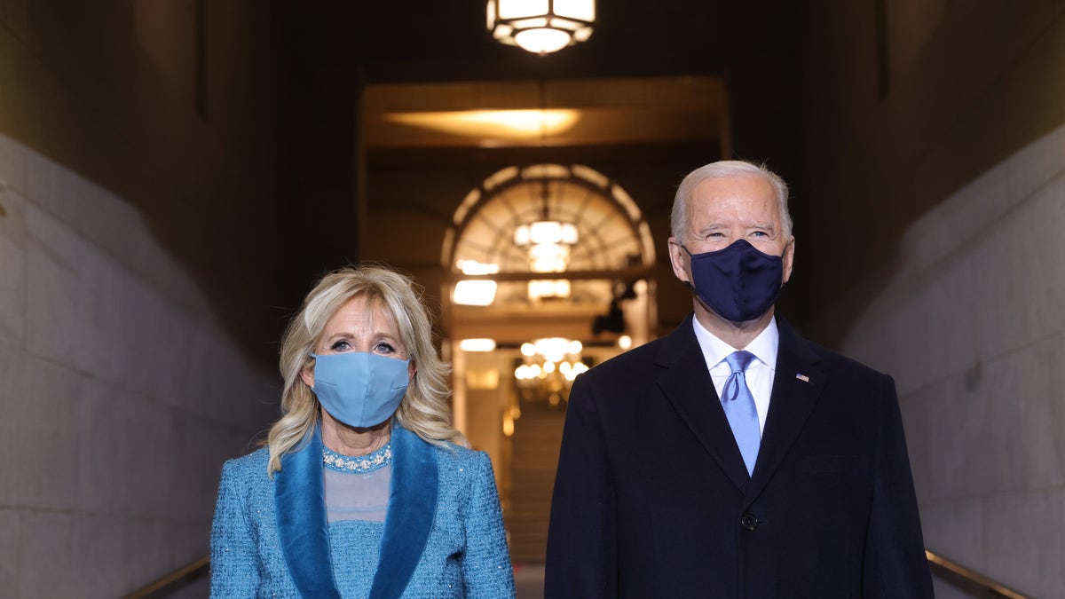 WASHINGTON, DC - JANUARY 20: President-elect Joe Biden and Jill Biden arrive at his Biden's inauguration on the West Front of the U.S. Capitol on January 20, 2021 in Washington, DC. (Photo by Win McNamee/Getty Images)