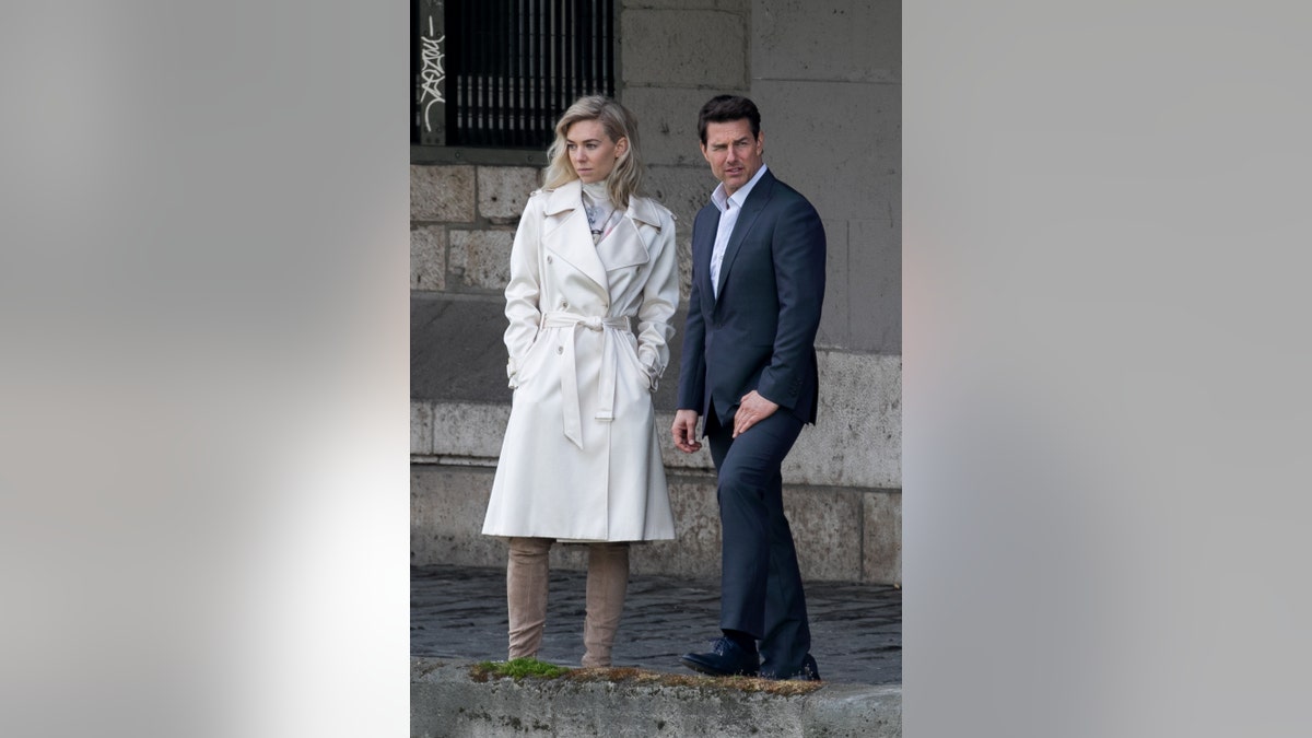 (L-R) Actors Vanessa Kirby and Tom Cruise are seen on the set of 'Mission: Impossible Fallout' on May 2, 2017.