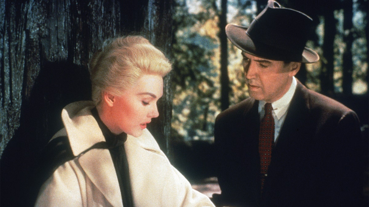 James Stewart (1908 - 1997) and Kim Novak in a scene from Alfred Hitchcock's 'Vertigo.'