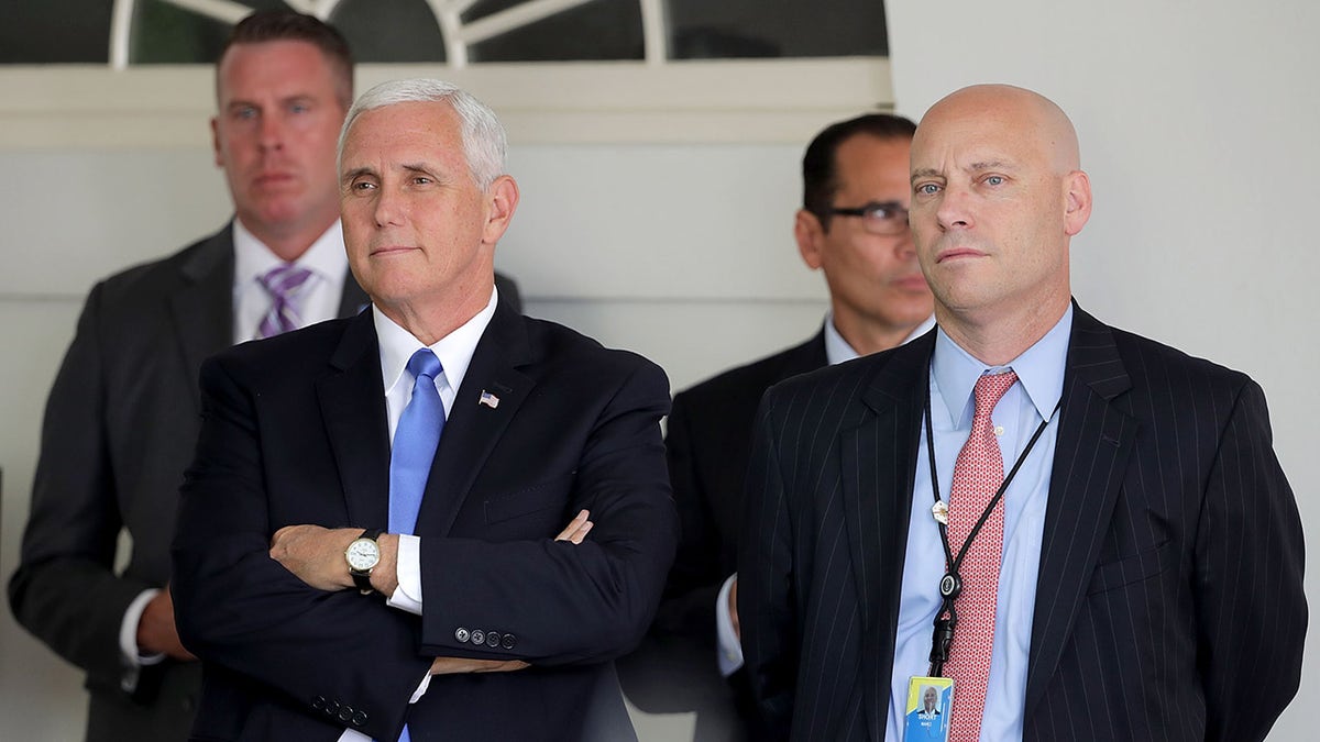 U.S. Vice President Mike Pence and White House Director of Legislative Affairs Marc Short attend a news conference with U.S. President Donald Trump and Lebanese Prime Minister Saad Hariri in the Rose Garden at the White House July 25, 2017 in Washington, D.C. (Photo by Chip Somodevilla/Getty Images)