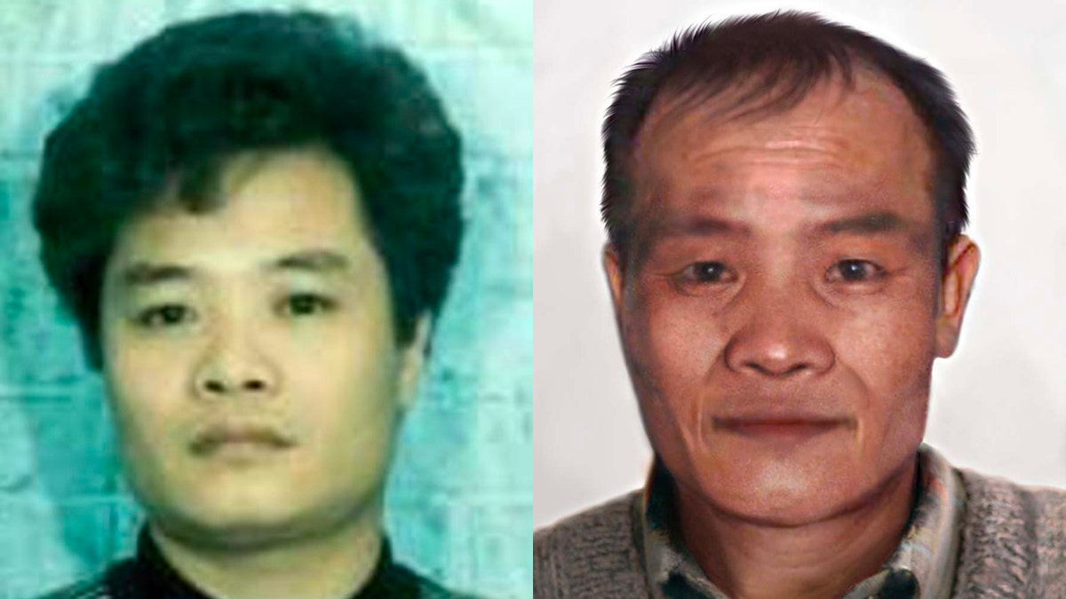 Hung Tien Pham, at left, seen in the 1990s. At right is an age-progression image of what he may look like today. (FBI)