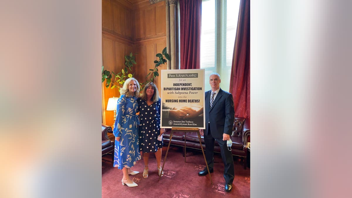 Janice Dean joins her husband and his sister Donna as they call on New York State lawmakers to initiate an independent nursing home investigation in Albany, New York in August, 2020.