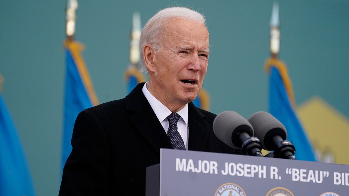 President-elect Joe Biden speaks at the Major Joseph R. "Beau" Biden III National Guard/Reserve Center, Tuesday, Jan. 19, 2021, in New Castle, Del. (AP Photo/Evan Vucci)