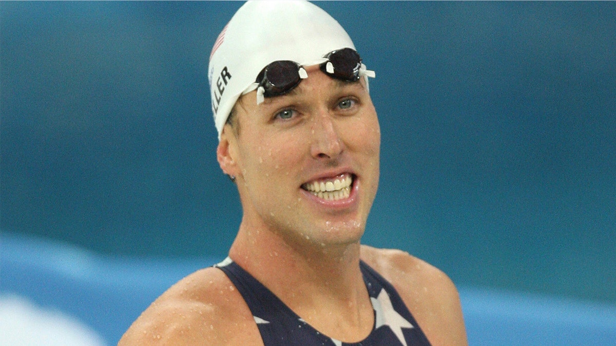U.S. swimmer Klete Keller smiles after winning the men's 4x200-meter freestyle relay swimming heat at the National Aquatics Center at the 2008 Beijing Olympic Games.