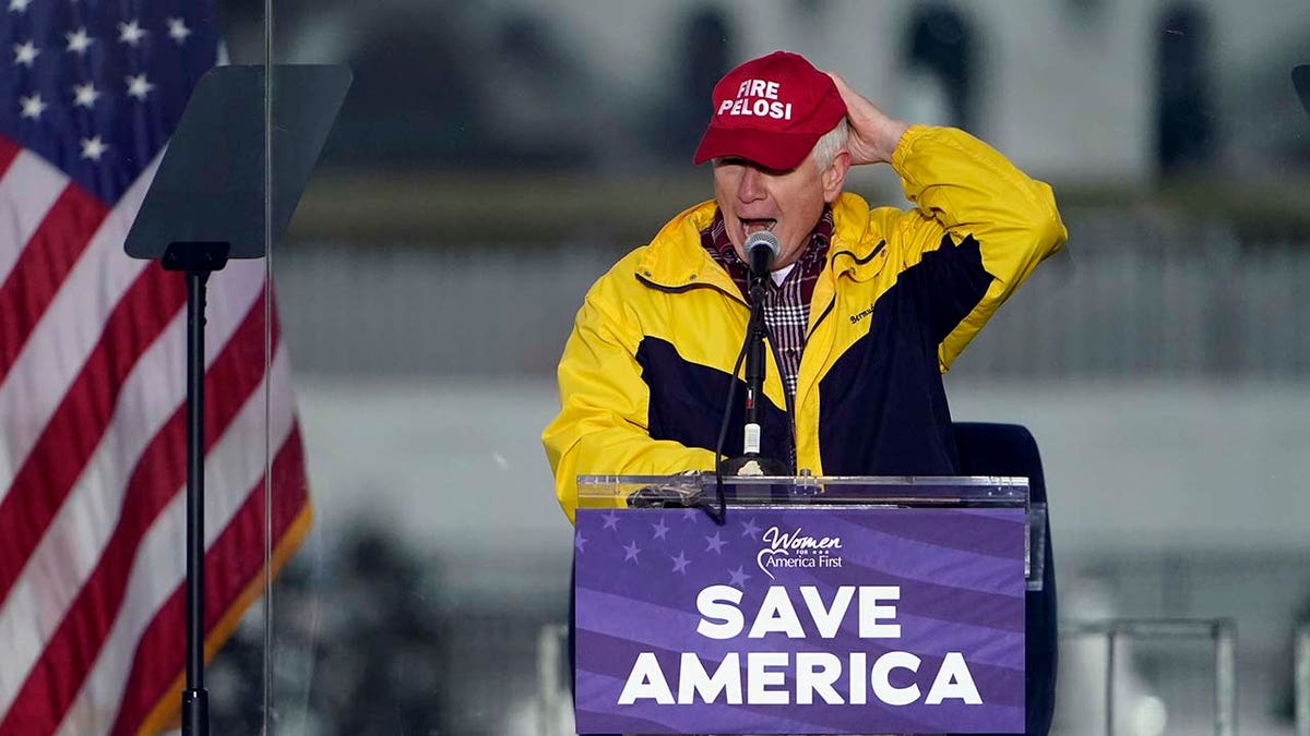 Rep. Mo Brooks, R-Ala., wears a "Fire Pelosi" hat as he speaks Wednesday, Jan. 6, 2021, in Washington, at a rally in support of President Trump called the "Save America Rally." (AP Photo/Jacquelyn Martin)