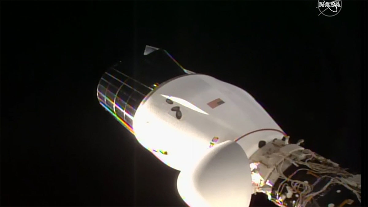 This image shows the SpaceX Cargo Dragon vehicle docked to the Harmony module’s space-facing international docking adapter.