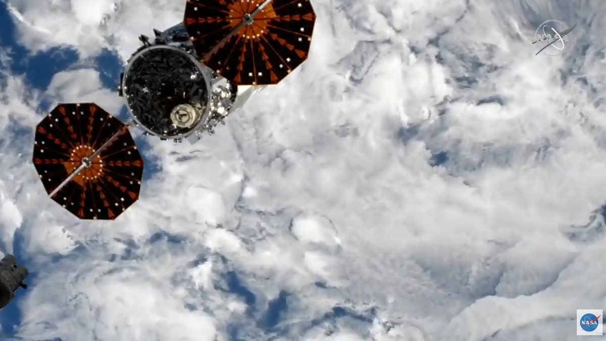 The Cygnus spacecraft shortly after its undocking from the International Space Station.