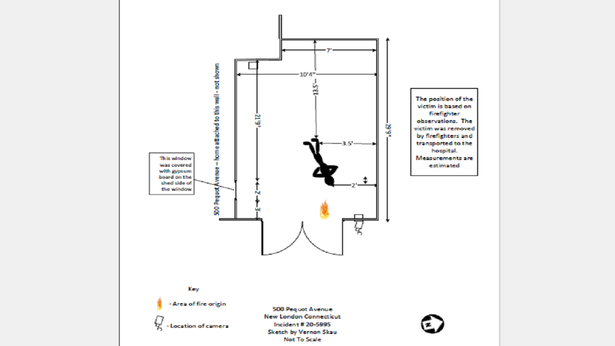 A New London Fire Department sketch shows the approximate location of Tony Hsieh's body at the time of the fire. (New London Fire Department)